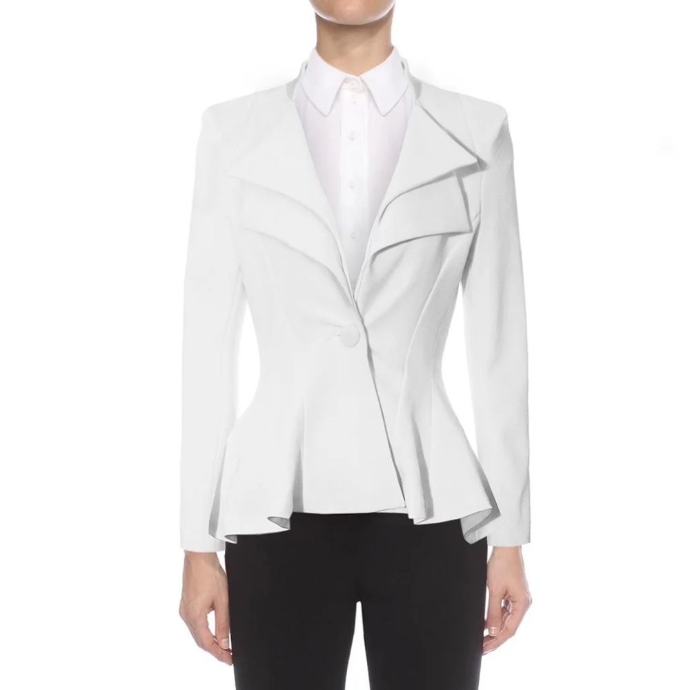 Noir White Double Lapel Peplum Fitted Ponte Office Career Blazer Jacket L NWT